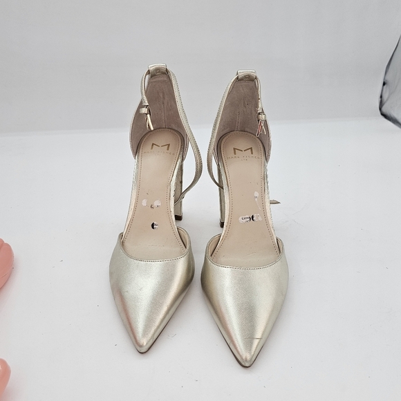 Marc Fisher Arnette Pointy Toe Ankle Strap Block Heel Pumps Gold Leather Sz 6.5 - Picture 2 of 14